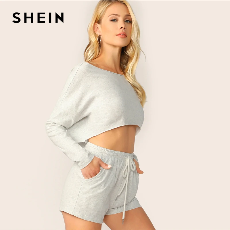 SHEIN Короткий Топ И Шорты Комплект Женский Летний Серый Спортивный Костюм С Длинным Рукавом Спортивный Комплект