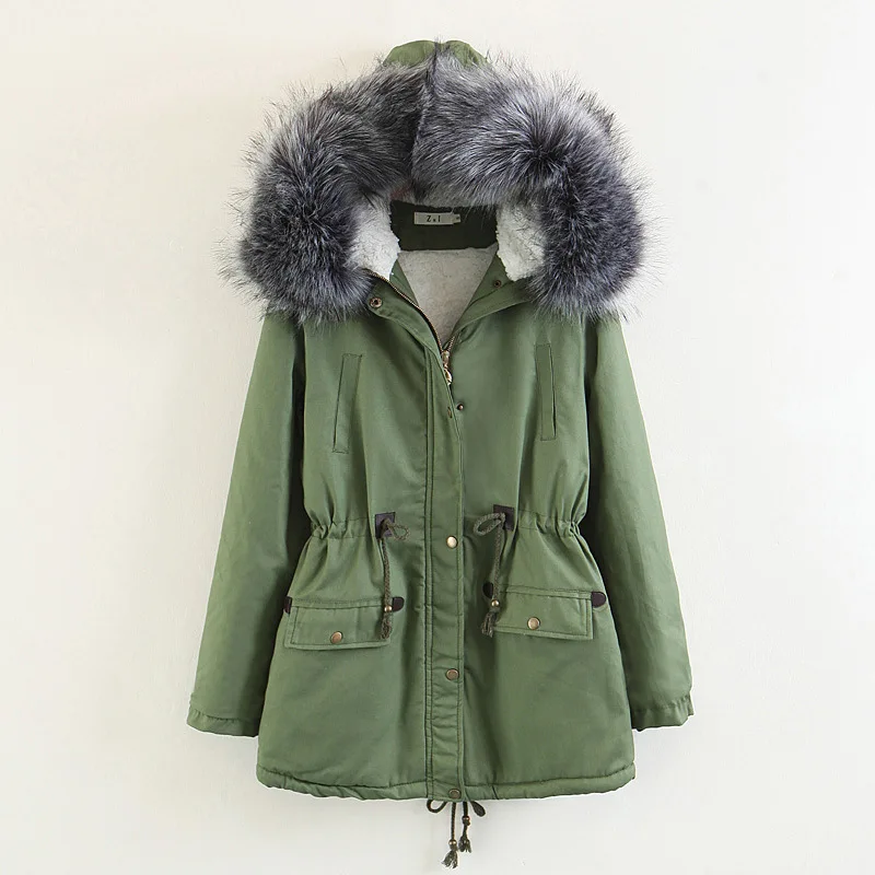 army green Зимнее женское пальто с большим меховым воротником и капюшоном, армейская зеленая хлопковая куртка, роскошная брендовая плотная теплая длинная свободная Зимняя парка из овечьей шерсти - Цвет: army green
