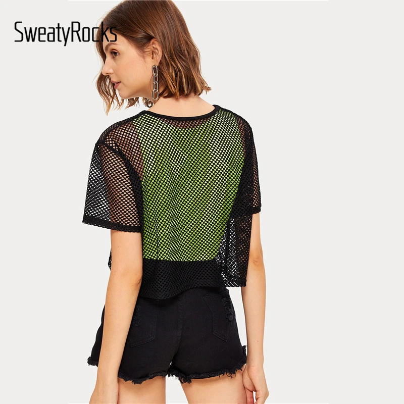SweatyRocks, черная сетчатая прозрачная укороченная футболка, уличная одежда, короткий рукав, для занятий спортом, тройники, летние повседневные женские одноцветные футболки