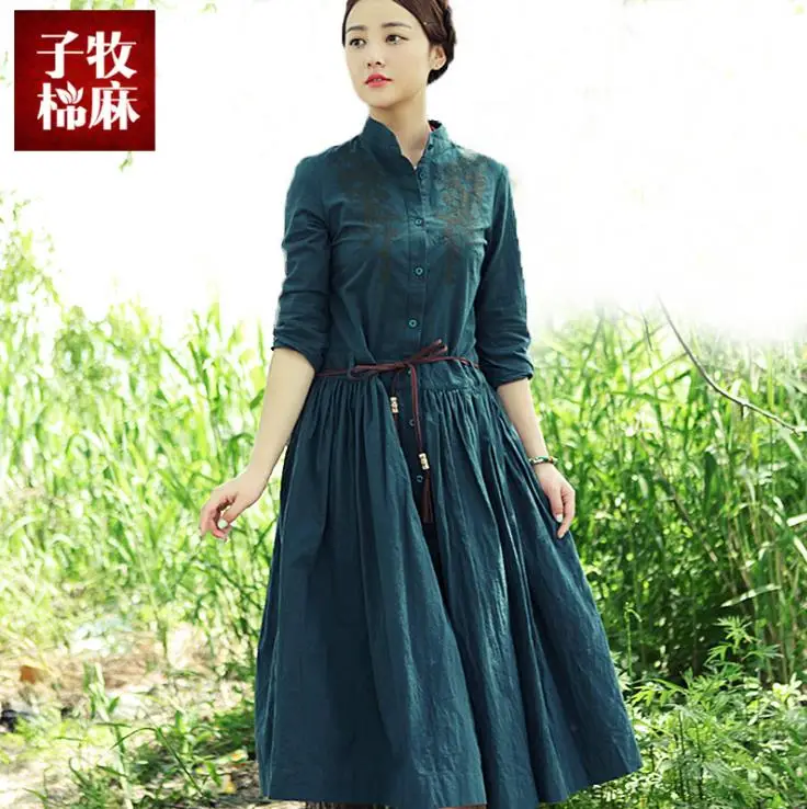 

Spring 2016 product launches, original design embroidery loose big yards 100% cotton linen dress