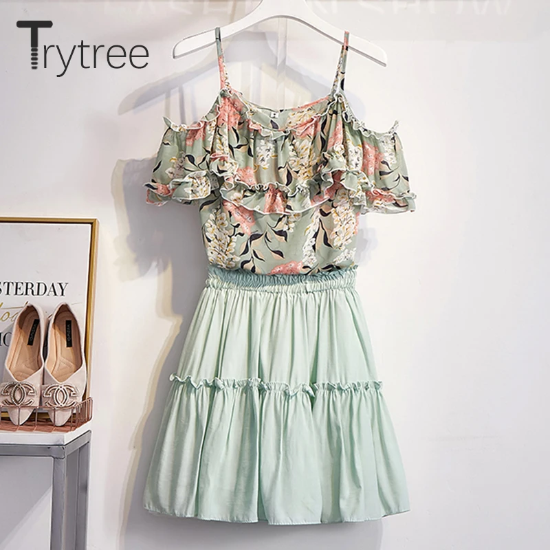 Trytree/летний женский костюм из двух предметов, оборки, открытые плечи, топы с цветочным рисунком+ юбки, плиссированный мини-костюм из полиэстера, повседневный комплект из 2 предметов