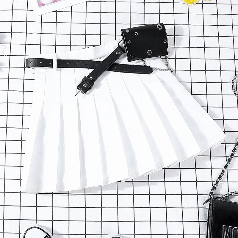 New Hip-hop Women's Harajuku Pleated Skirt Gothic Black High Waist Mini Skirts Cute Girls Punk A Line Short Skirt With Belt - Цвет: Белый