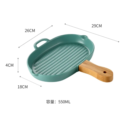 Creative large capacity baking ceramic plate Home kitchen dish with wooden handle flat plate anti-hot black pepper steak plate - Цвет: A