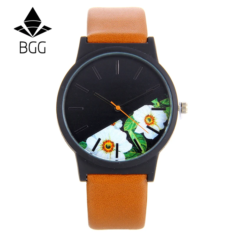 

Floral Design Black Case Orange Pointer Women's Fashion Watches Water Resistant Life Quartz Watch Women Clock Relogio Feminino
