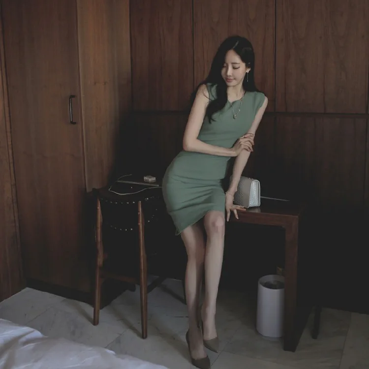 2019 летнее женское зеленое офисное платье в Корейском стиле с круглым вырезом без