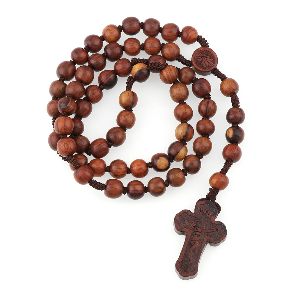 10mm Good Natural Brown Wood Beads Cord Rosary Necklace with Crucifix ST Benedict NR  Holy Jerusalem Rosaries Gift