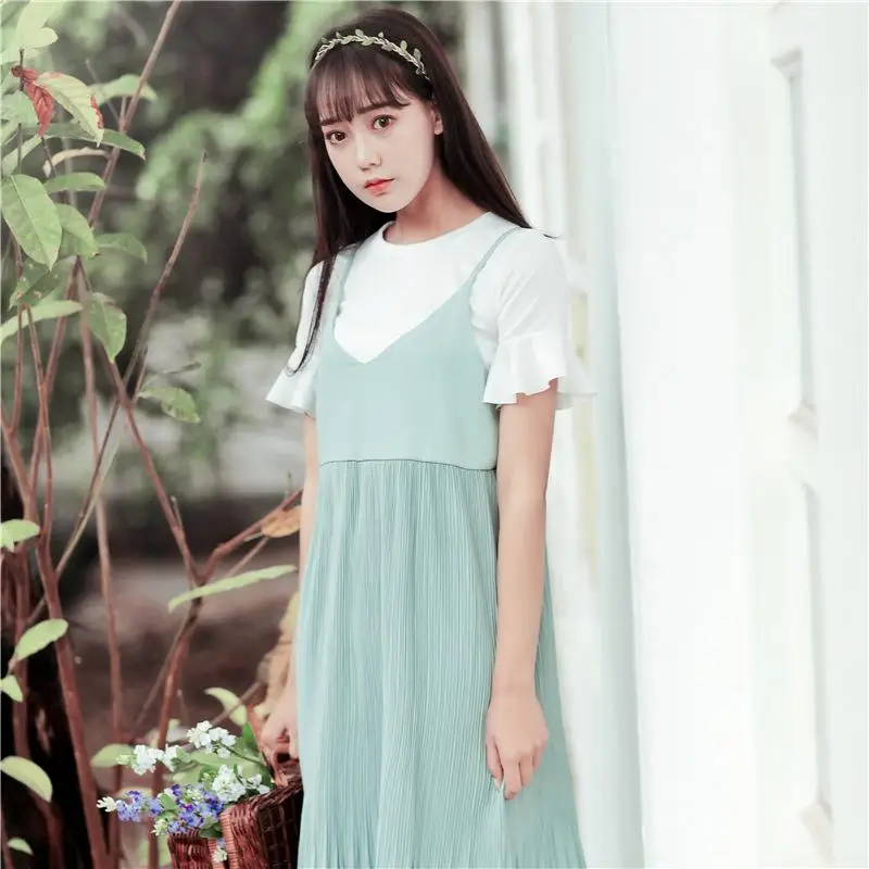Лето 2017 г. корейский Для женщин шифон плиссированные платья Повседневные