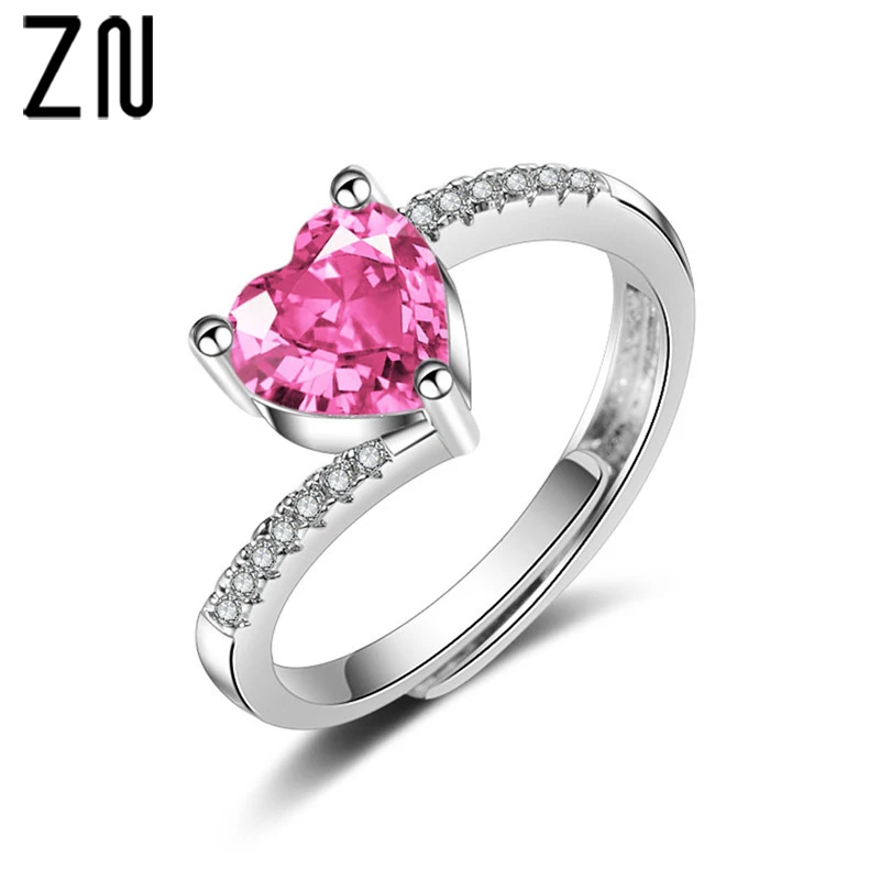 

ZN 2021 Fashion Jewelry Womens Ring Pink Heart-shaped Zircon Ring For Womens Valentine's Ring Gift Adjustable Wedding Rings