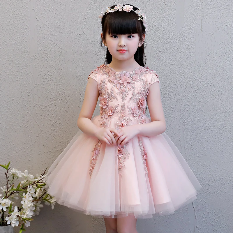 

Floral Pink Lace Flower Girl Princess Dress For Party Birthday Wedding Short Sleeve Girl Pageant Party First Communion Ball Gown
