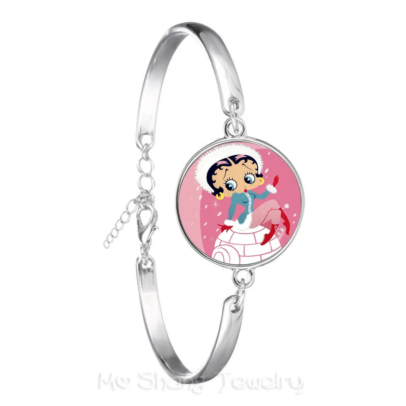 

18mm Round Glass Cabochon Betty Boop Pattern Charm Bracelet For Friends Silver Plated Bangle For Women Men Creative Gifts