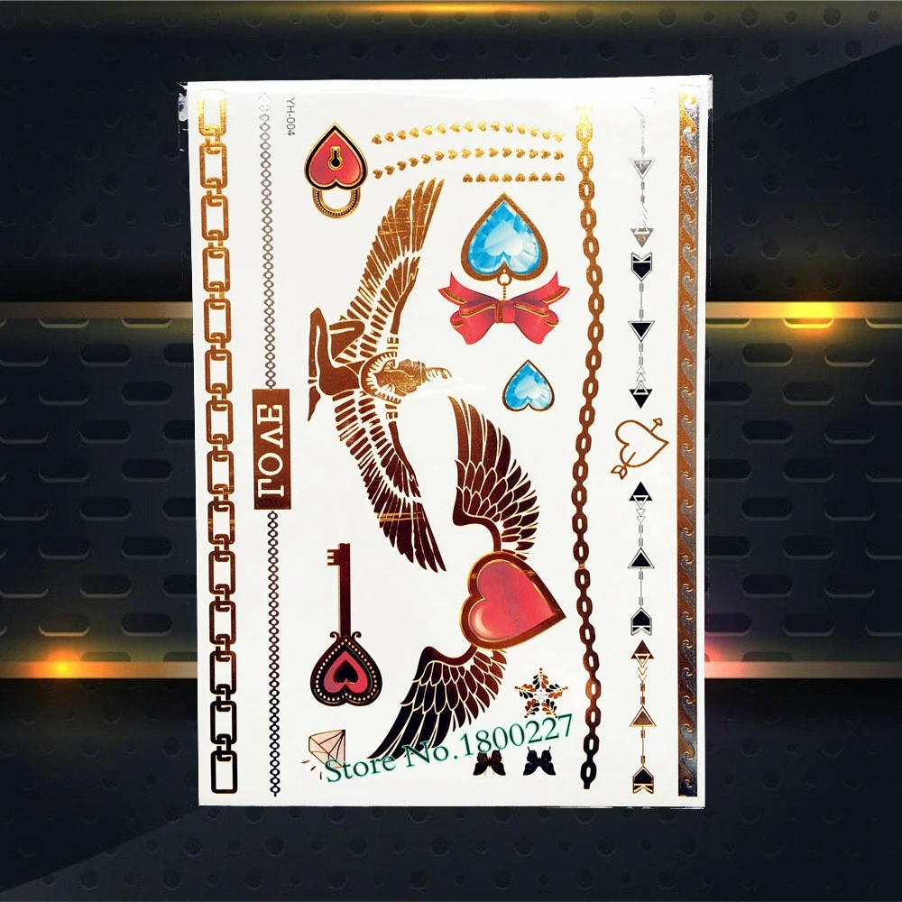 1 шт. золотая металлическая татуировка крылья ангела перо сердце алмаз дизайн