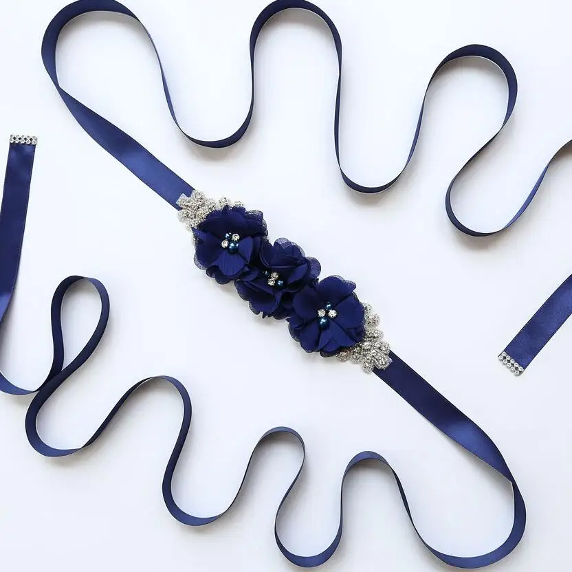 Navy blue AYiCuthia женские элегантные три цветка створки Стразы бисерный пояс свадебные ленты пояса свадебное платье Талия Y32 - Цвет: Navy blue