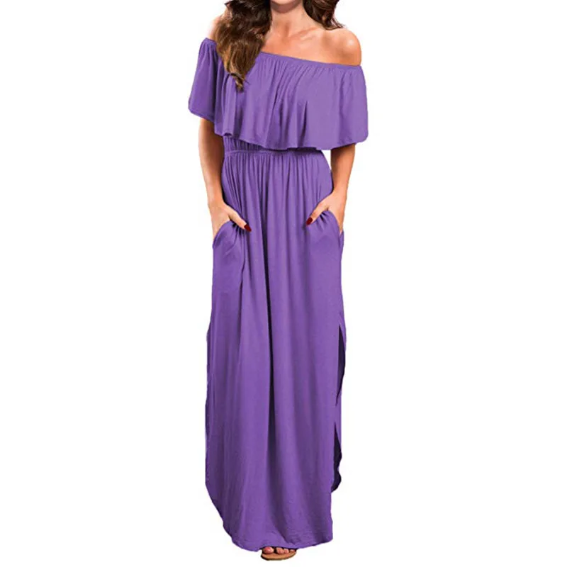 Модные однотонные богемные Макси платья для женщин с воротником лодочкой и