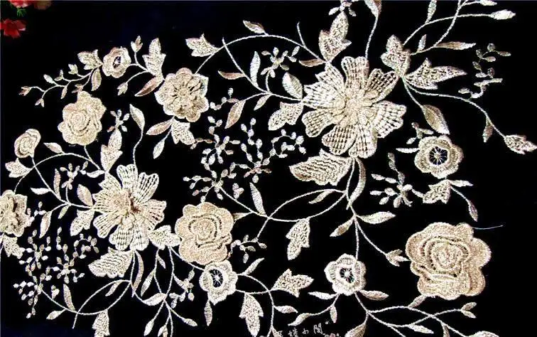 Очень красивая вышивка матовая Золотая Цветочная аппликация гипюровые