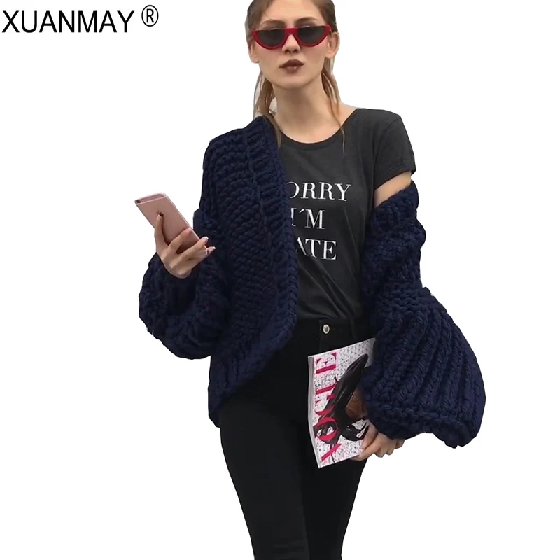 2018 Winter Women's Black thick Cardigan Sweater 5XL Handmade Crochet braided Streetwear Gray lady |