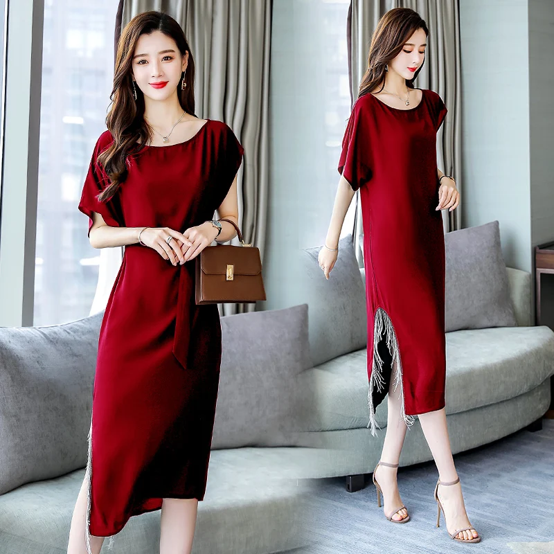 

New Summer 2019 Women Loose Long Dress Lady Simple OL Style Dress Side Split Long Dress With Belt