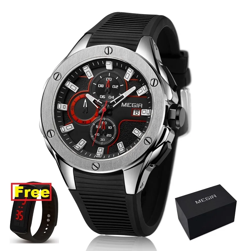 red-box plus gift MEGIR, мужские спортивные часы, хронограф, силиконовый ремешок, кварцевые армейские военные часы, часы для мужчин, лучший бренд, Роскошные мужские часы - Цвет: red-box plus gift