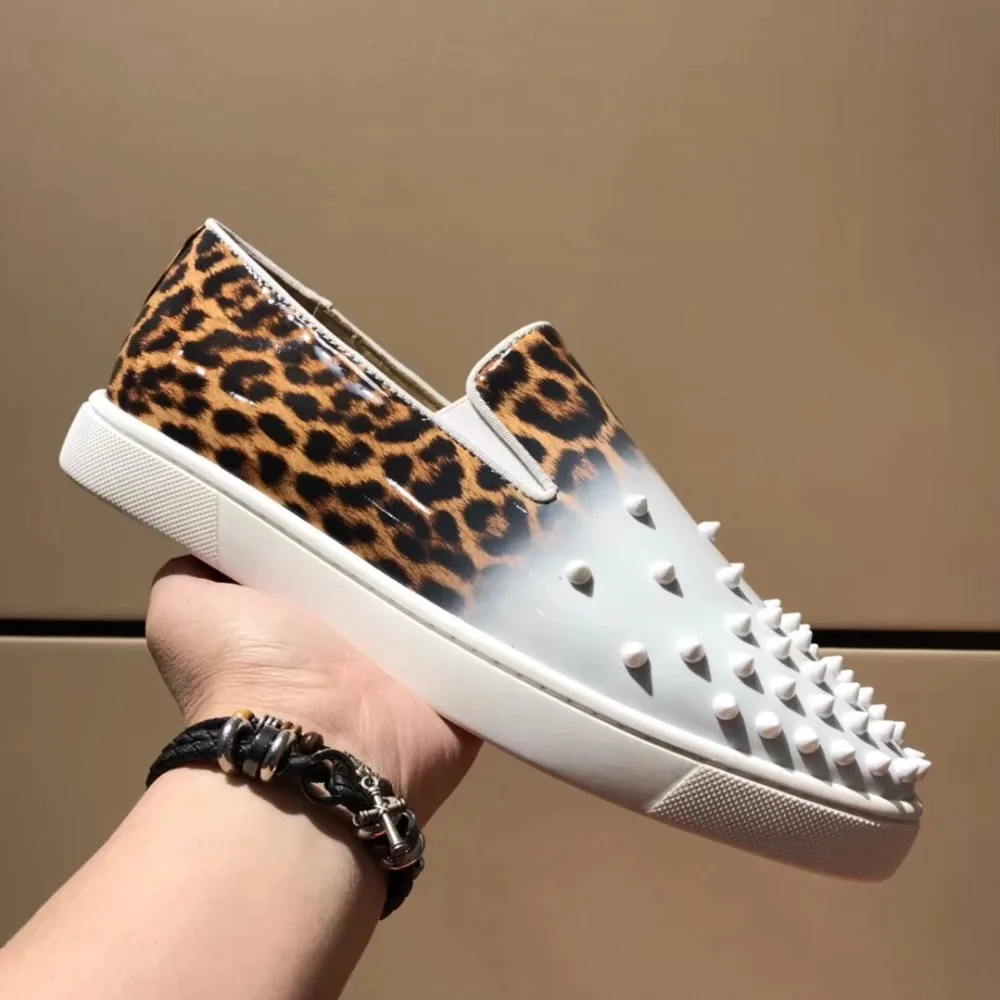 

Casual Designer Sneakers Free shipping fashion women leopard white patent leather studded spikes flats loafer sneakers shoes