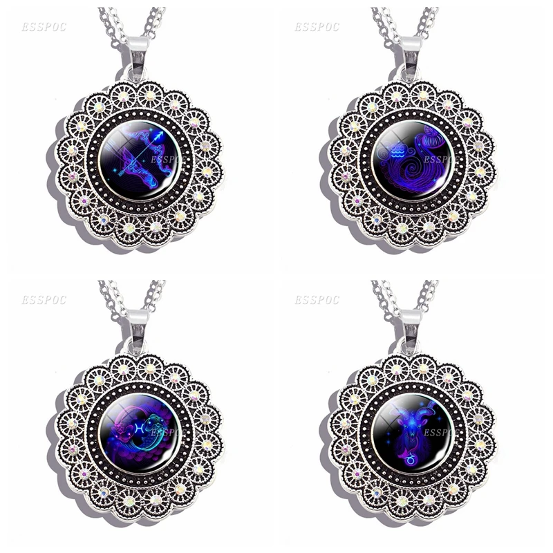 12 Constellation Necklace Silver Plated Women Glass Cabochon Charm Pendant Twelve Zodiac Sing Jewelry | Украшения и аксессуары