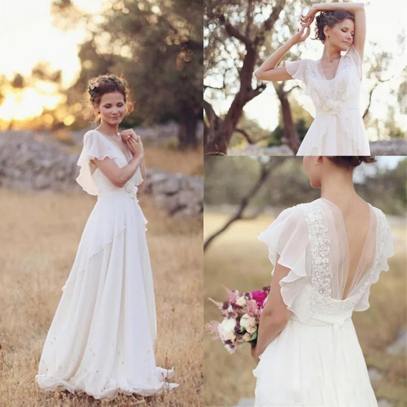Пляжные свадебные платья Boho с v образным вырезом трапециевидные кружевные