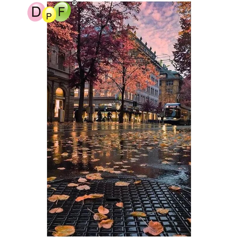 DPF Autumn street view 5D wall painting diamond mosaic square cross stitch crafts embroidery home decor | Дом и сад