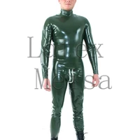olive green color latex zentai mens catsuit with shoulders zippers cod piece zip to ass