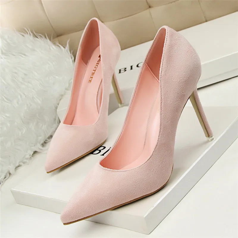 Розовый Новые модные женские офисные туфли на высоком каблуке с острым носком; однотонные женские туфли из флока на высоком каблуке; 9 цветов - Цвет: Розовый