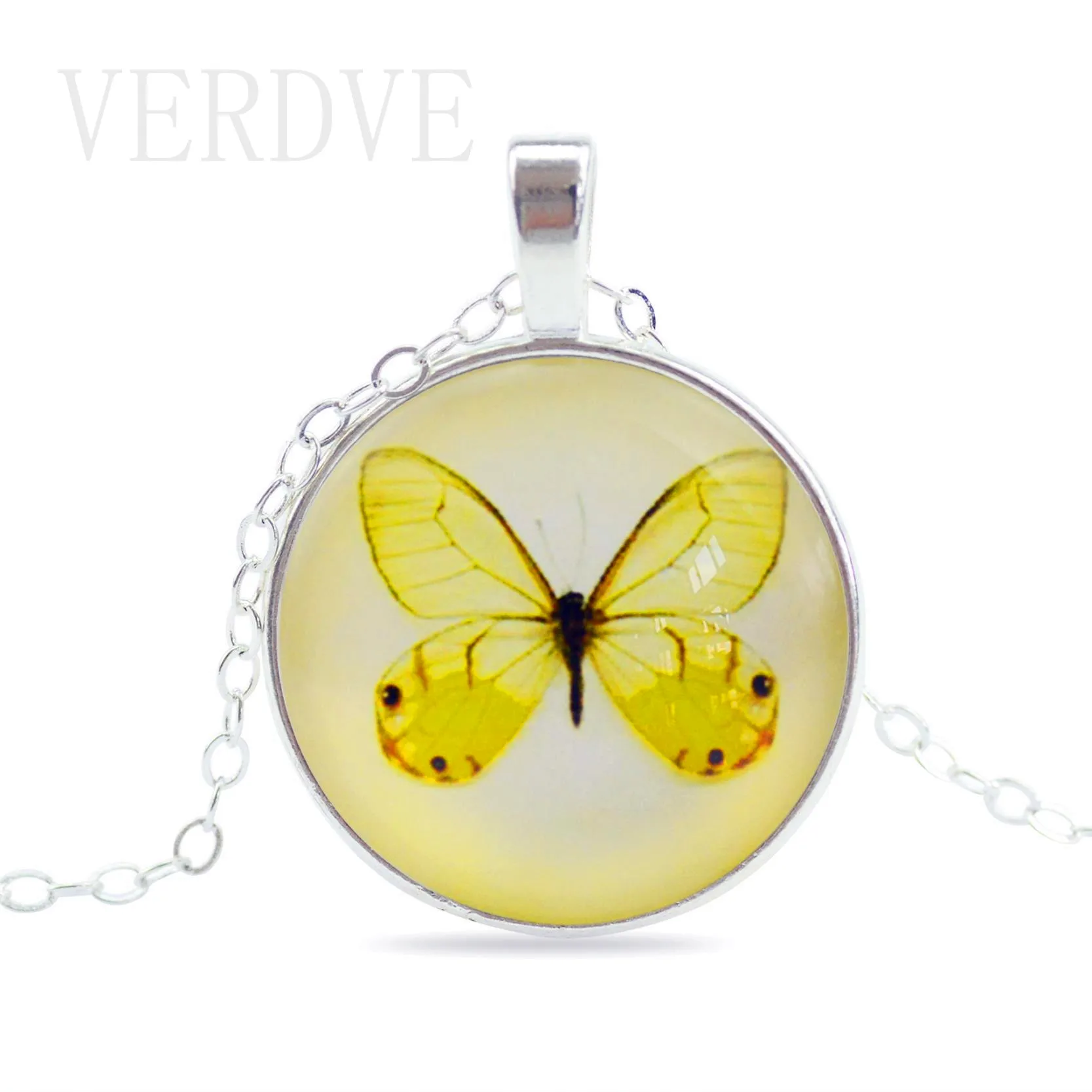 VERDVE Vintage Fine Jewelry Glass Cabochon Necklace&ampPendant Butterfly Statement Chain Necklace Silver Color Women | Украшения и