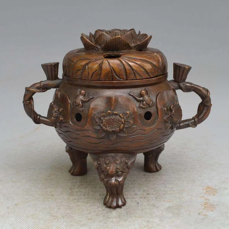 China carved frog luck Red copper water lily incense burner Statue | Дом и сад