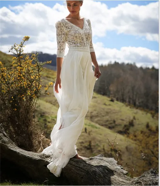 Женское пляжное платье туника Boho белое длинное с кружевом лето 2019 fw248|Женские