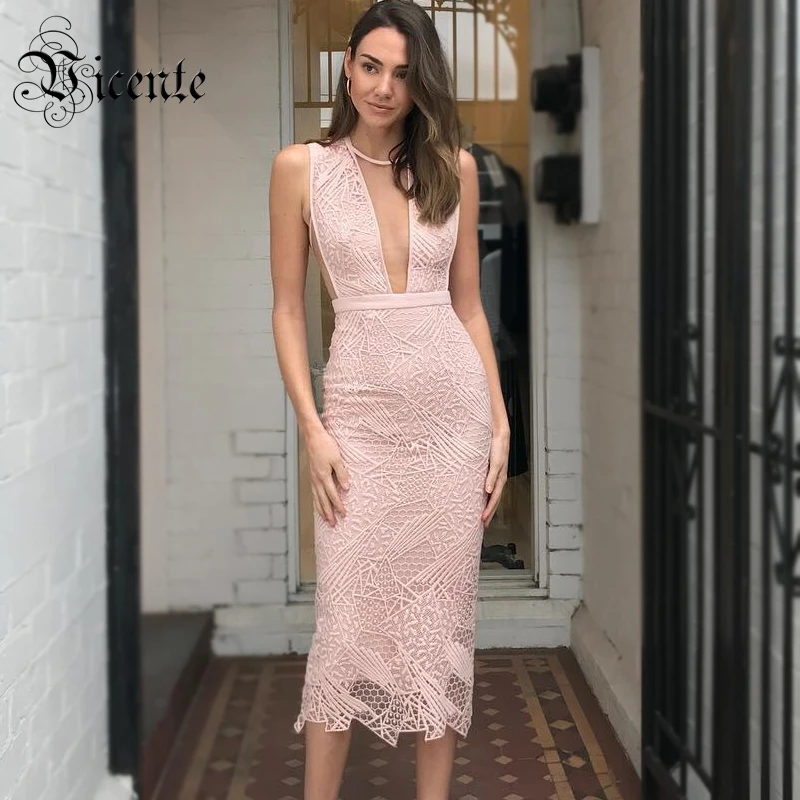 Vicente HOT Trendy Pink Lace Midi Dress Sexy Sleeveless Mesh Splicing Wholesale Celebrity Party Club Bandage | Женская одежда