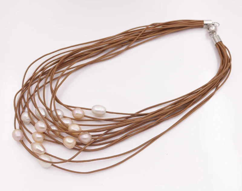 15 ROWS Natural White Pink Purple Teardrop Pearl Brown Leather Necklace 18&quot Long | Украшения и аксессуары