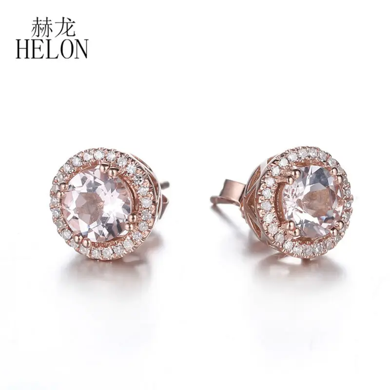 HELON 6 мм круглые 1.43ct настоящие морганиты Твердые 14 к розовое золото женские ювелирные Алмазы Серьги с ореолом Свадебные модные вечерние серьги