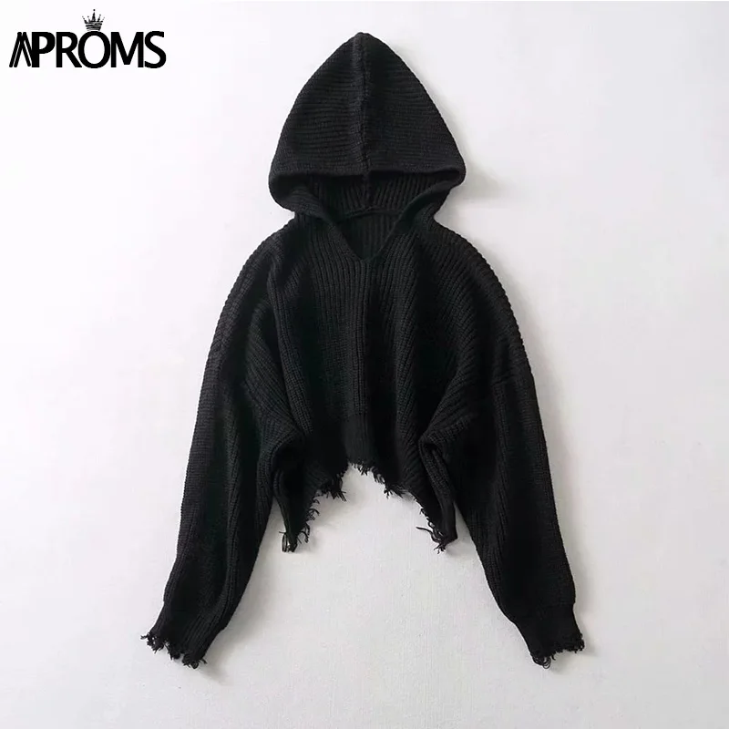 Черный Aproms белый вязаный свитер с капюшоном Для женщин Повседневное Кисточкой Свободные укороченные пуловер пикантные зима уличная перемычки тянуть Femme - Цвет: Черный