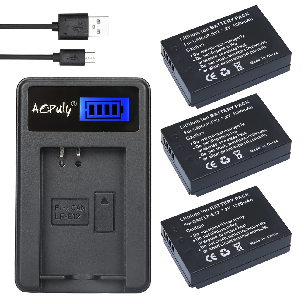 

AOPULY 3pcs LP-E12 7.2V 1200mAh Rechargeable Li-ion Battery Kit for Canon EOS Replacement Camera Batteries with LCD USB Charger