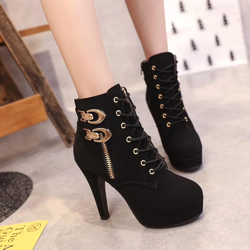 

Sexy High Heels Women's Boots Stiletto Waterproof Zipper Round Toe Big Size Female Motorcyclesboots High Heels with Martin Boots