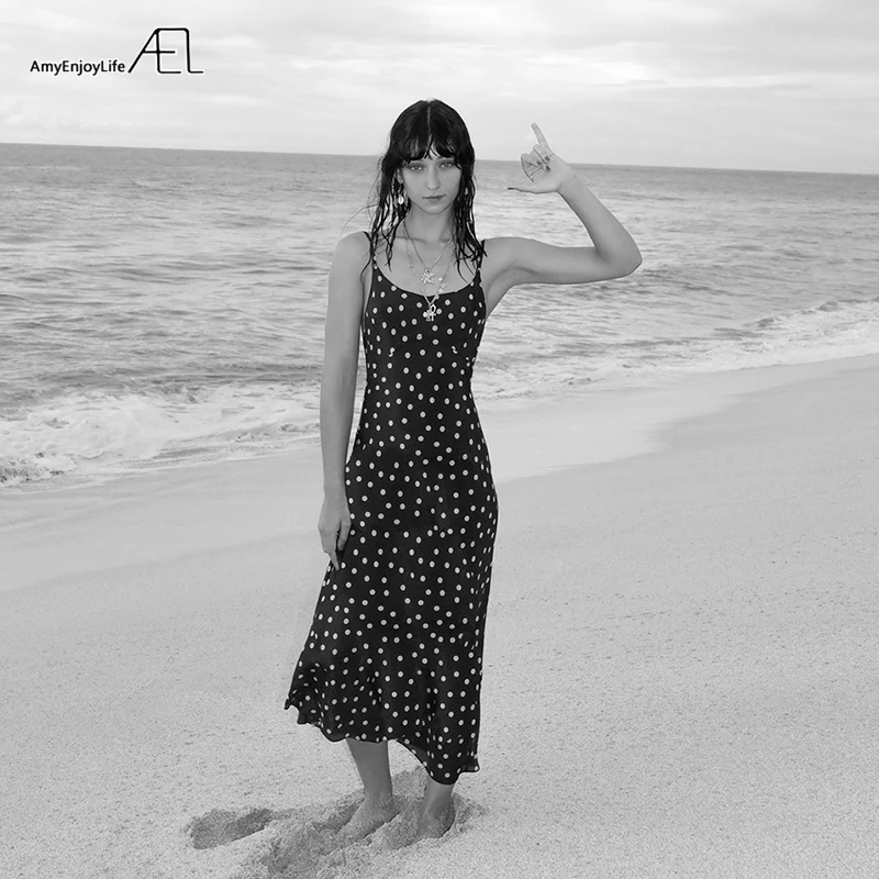 Платье AEL женское длинное с разрезом элегантное приталенное в горошек высокой