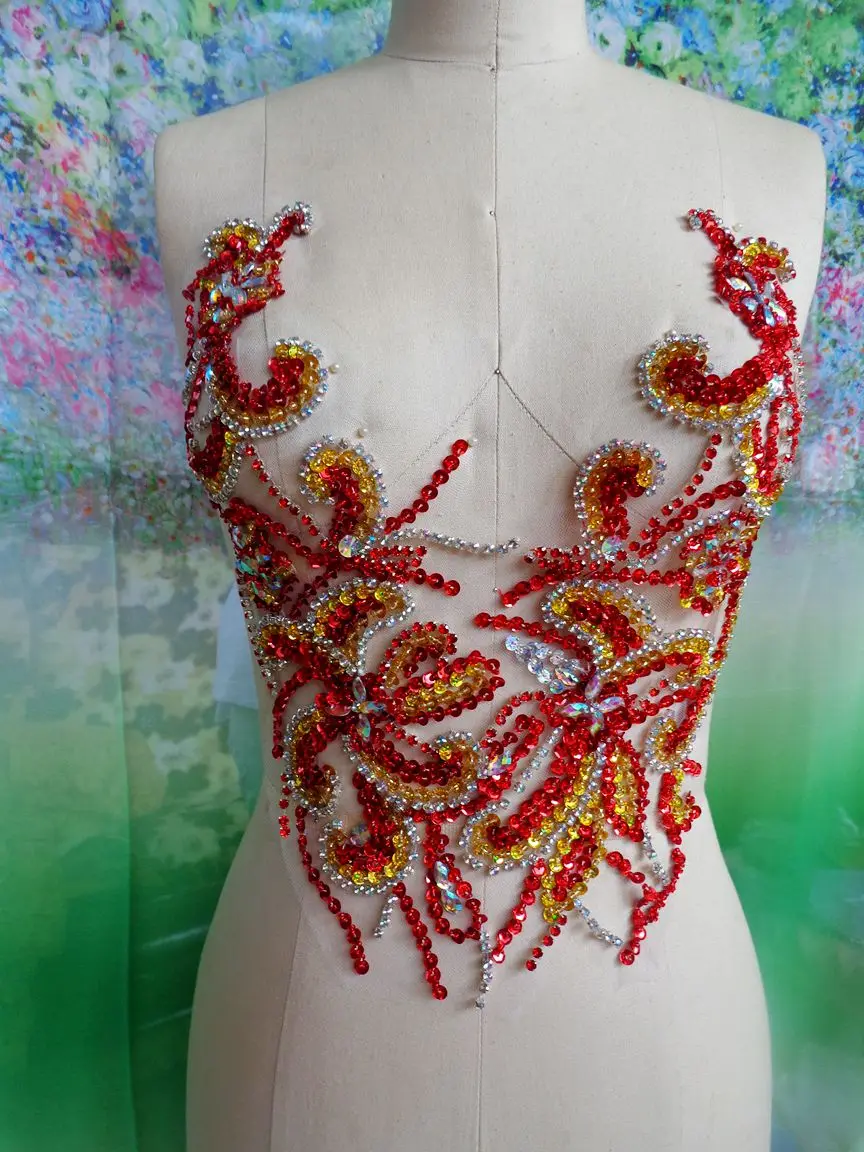 

Pure hand made dazzling red/golden/clear AB colour sew on Rhinestones applique crystals patches 36*32cm DIY dress accessory
