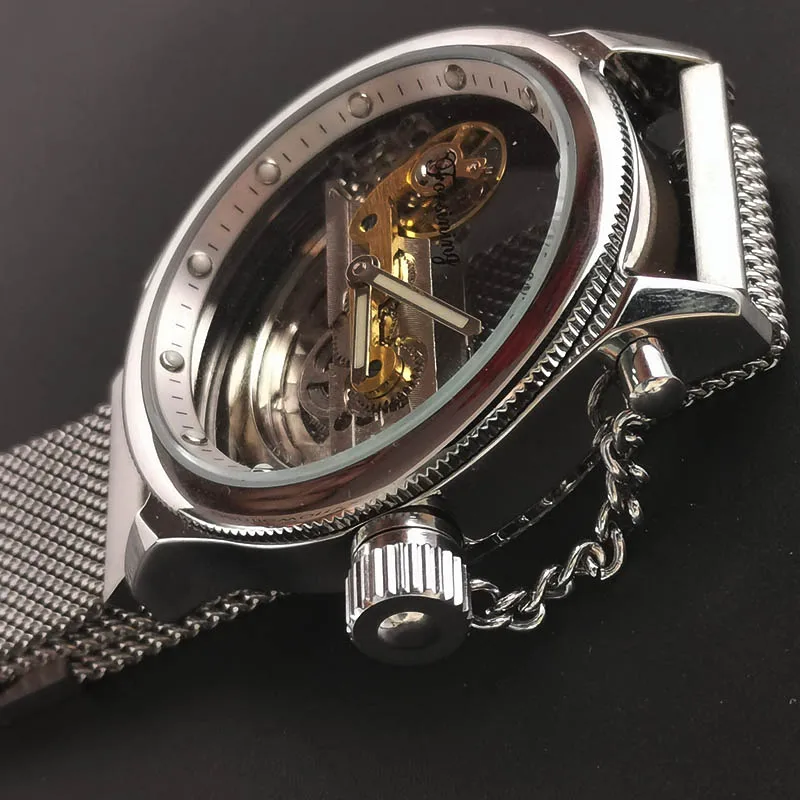 Прозрачные Tourbillion ручной Ветер двухсторонний серебряный корпус механические