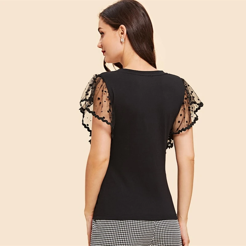 SHEIN винтажная Однотонная футболка в черный горошек с контрастным сетчатым рукавом и v-образным вырезом, женская летняя элегантная Однотонная футболка с коротким рукавом, топы