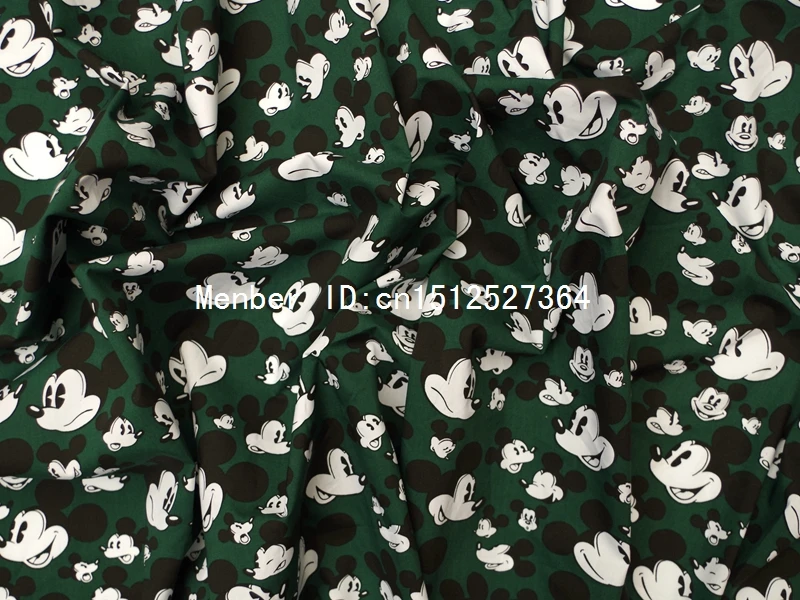 Ткань из поплина хлопка смх 100 см темно зеленая ткань с Микки Маусом (332)|cotton poplin