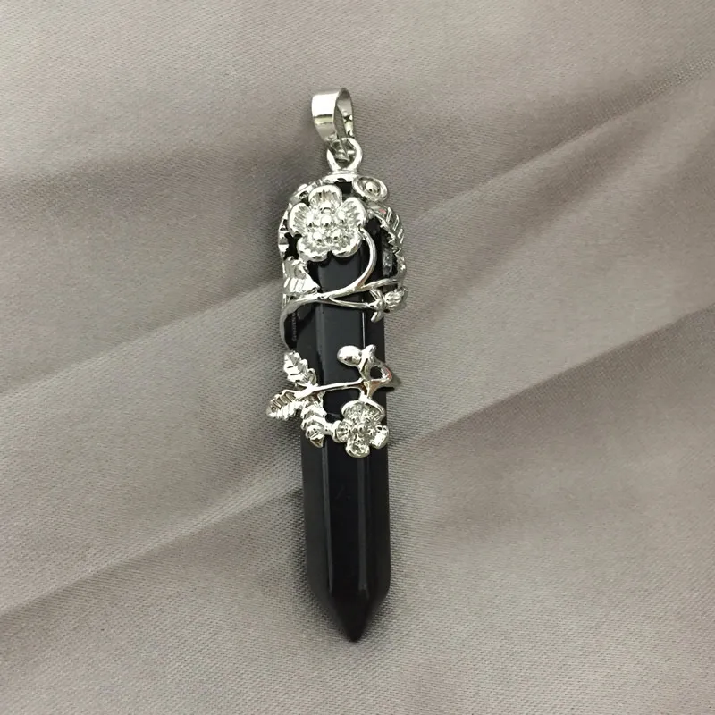 Black agate Женские Ювелирные изделия, подвески в виде цветов, натуральный кварцевый камень, лазурит, аметисты, опал, камень рождения, Исцеляющие подвески - Окраска металла: Black agate