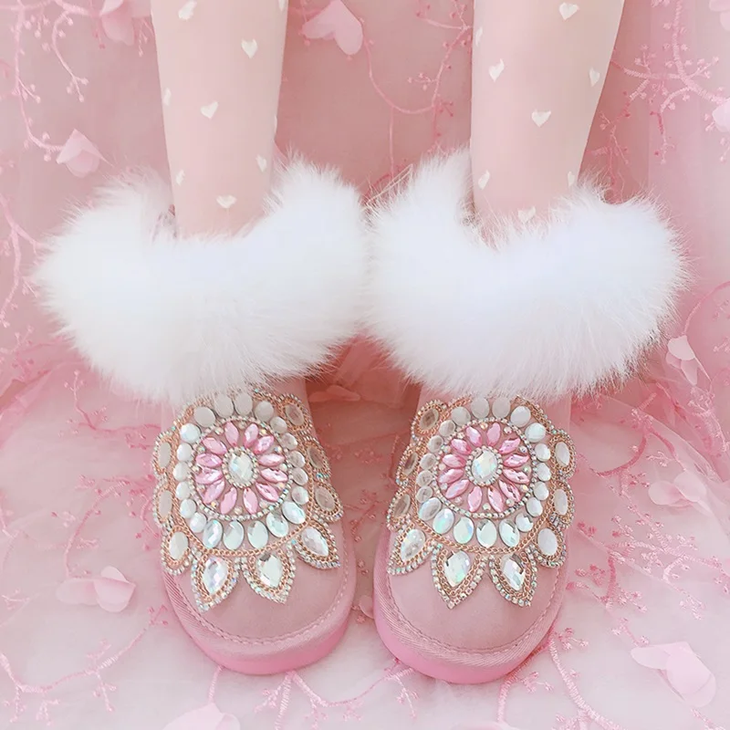 

women ankle boots handmade fox fur women boots women crystal round toe height increasing boots shoe warm snow boots size 35-40