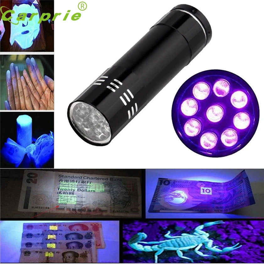 Супер мини алюминиевый УФ ультрафиолетовый 9 светодиодный фонарик Blacklight фонарь