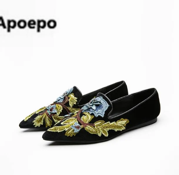Newest brand woman loafers shoes 2018 embroider casual flats women shallow pointed toe chaussures femme mary jane | Обувь