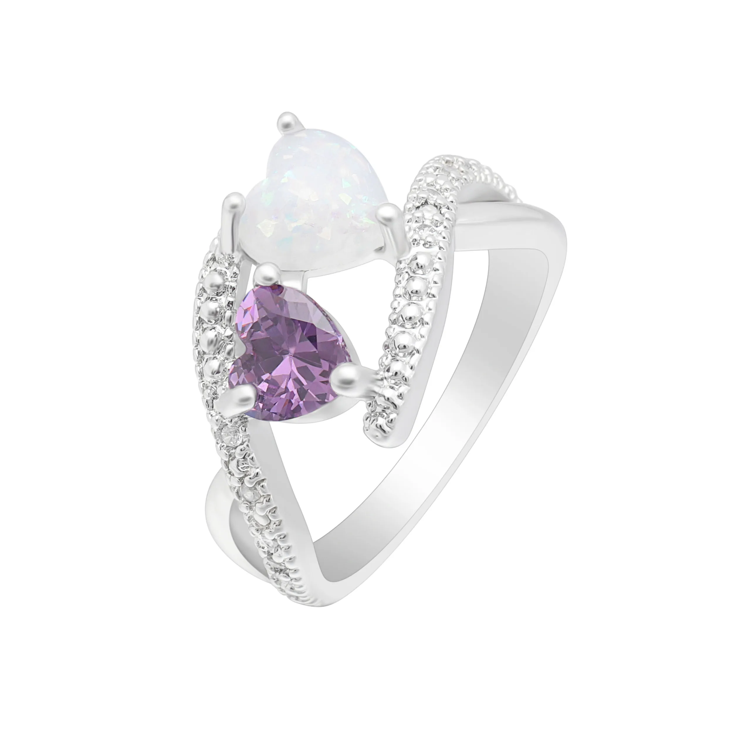 Женское кольцо с фианитом Love Opal фиолетовое Кристальный в виде сердца белым