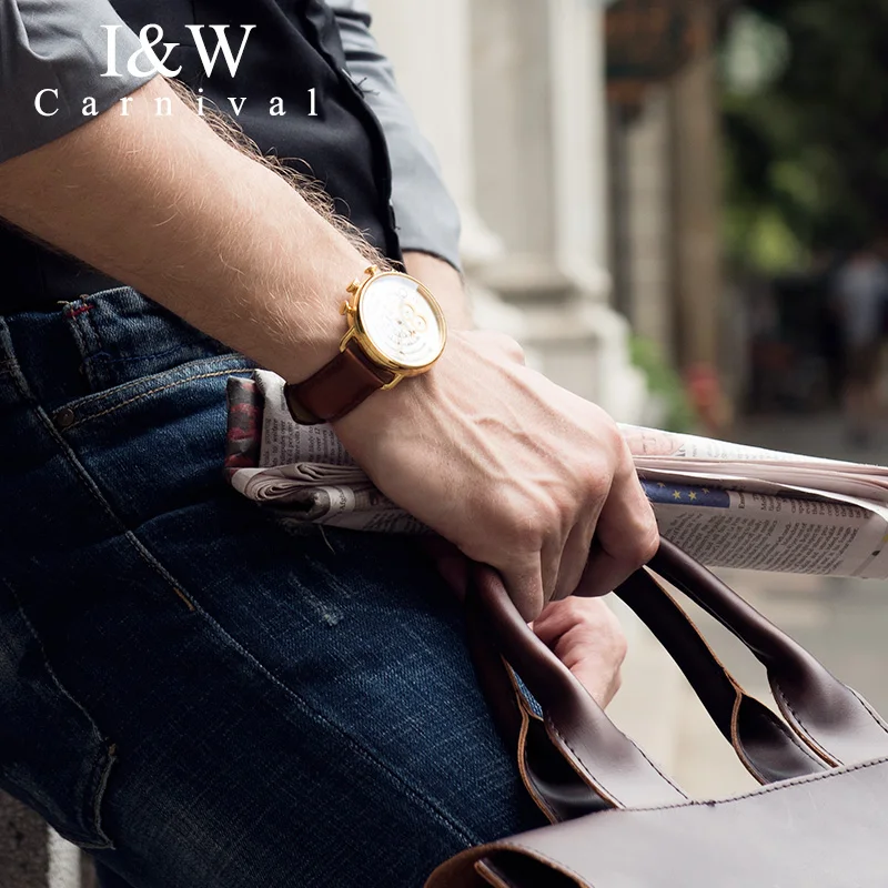 

CARNIVAL I&W Fashion Classic Big Dial Quartz Men Watch TopBrand Luxury Steampunk Sapphire Mirror Leather Waterproof Montre
