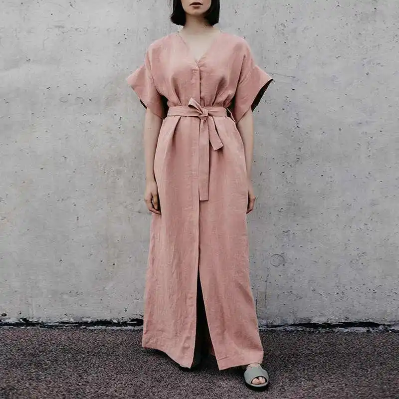 Women Dress Ladies Holiday Summer V-Neck Casual Sundress Belt Cocktail Maxi Split Plus Size Solid Short Sleeve | Женская одежда