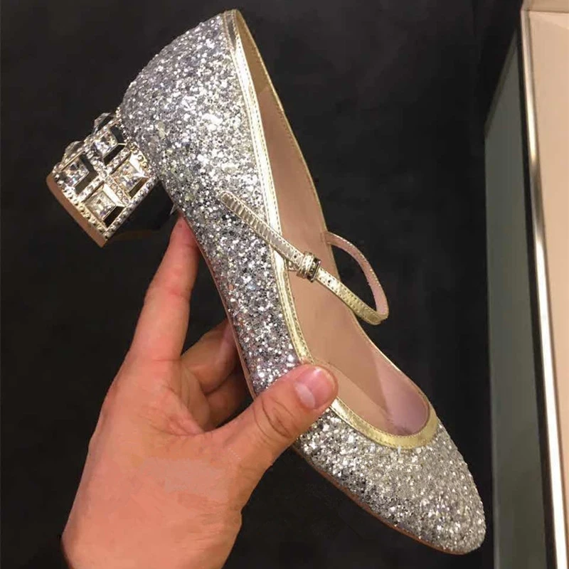 Wedding shoes female 2018 new bridal in the thick with round head rhinestones silver sequined crystal banquet | Обувь