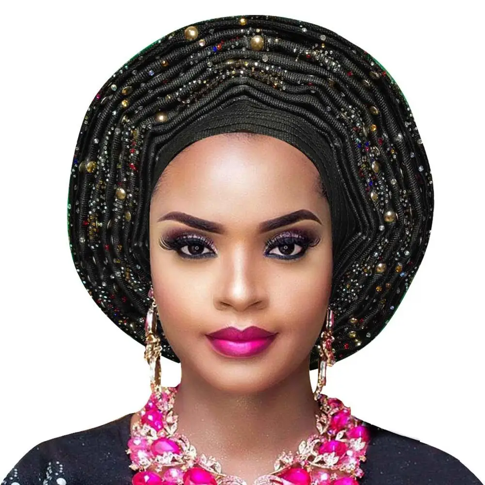 black Популярный женский головной убор aso oke auto gele для aso ebi Африканский головной убор с бисером - Цвет: black